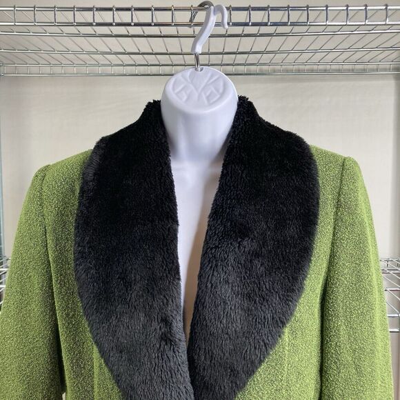 Vintage Clio Pistachio Green Jacket Size 4 Textured Blazer Faux Fur Collar Glam - Picture 8 of 11